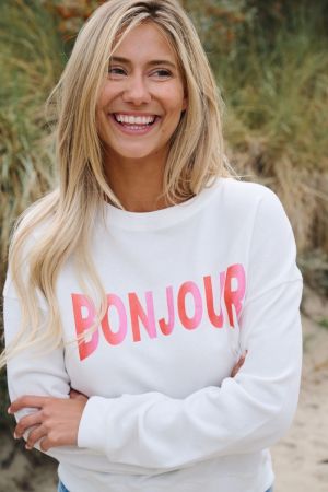 Bonjour sweater met opdruk ecru/fusc